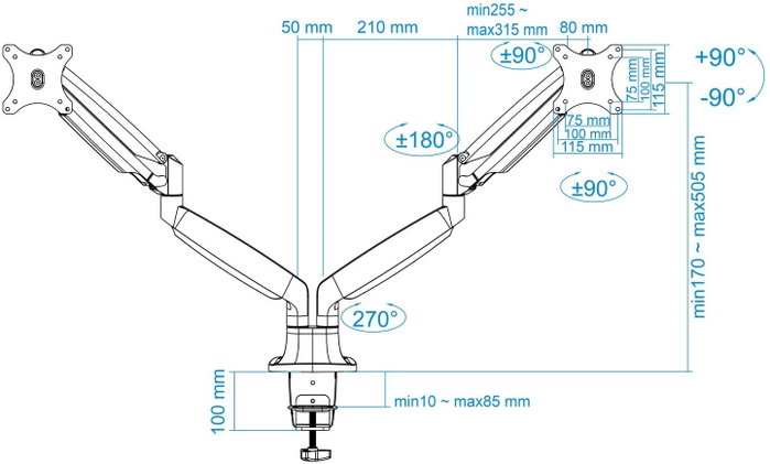 TooQ Soporte de Mesa para 2 Monitores DB3132TNR-S, Giratorio e Inclinable con Pistón de Gas, para Pantallas de 13 a 32 Pulgadas, VESA 75/100, Hasta 9kg, Plata